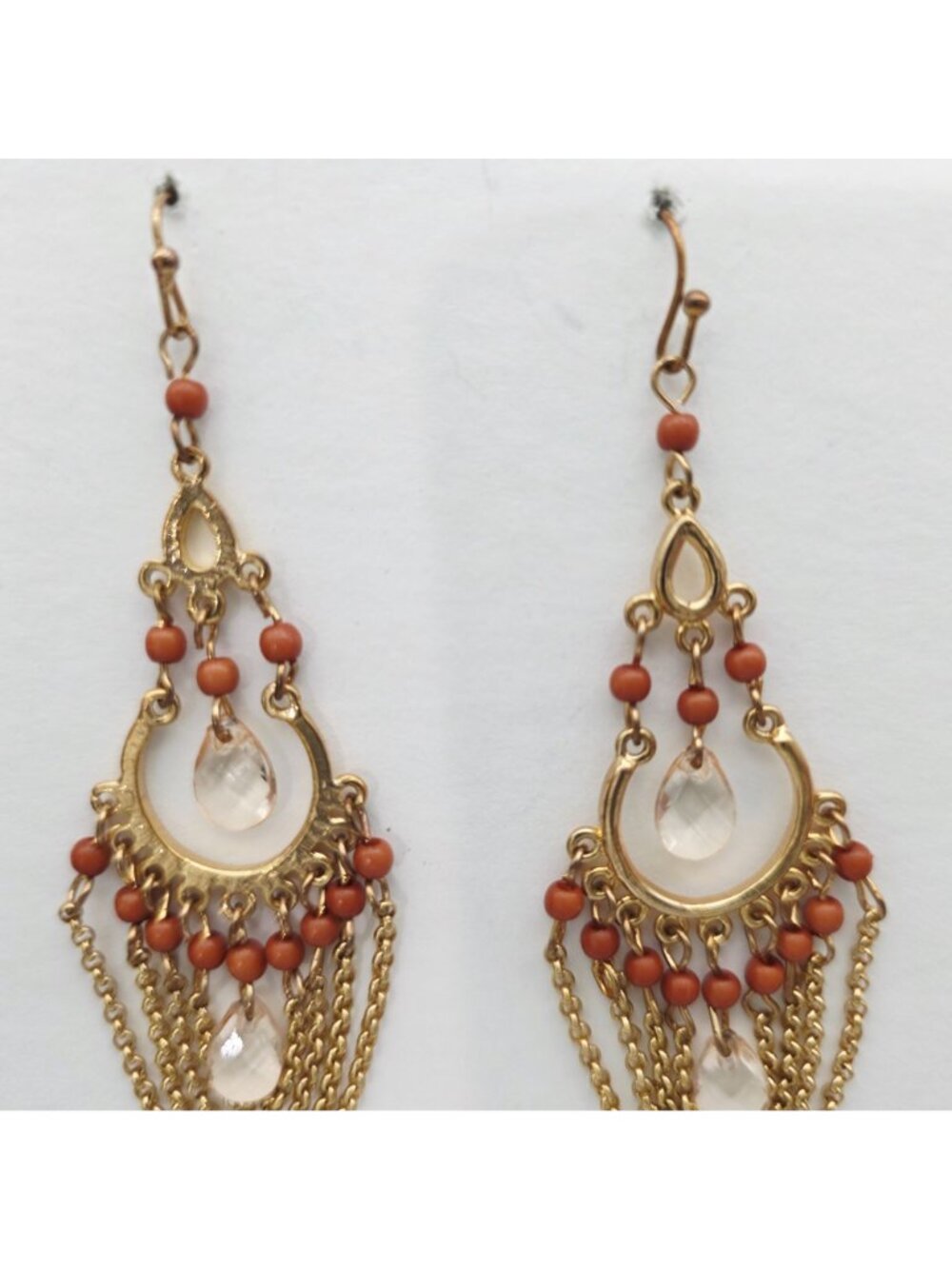 Gold-Tone Boho Dangle Earrings Chains Beads & Clear Crystal Accents Chandelier - Picture 3 of 5